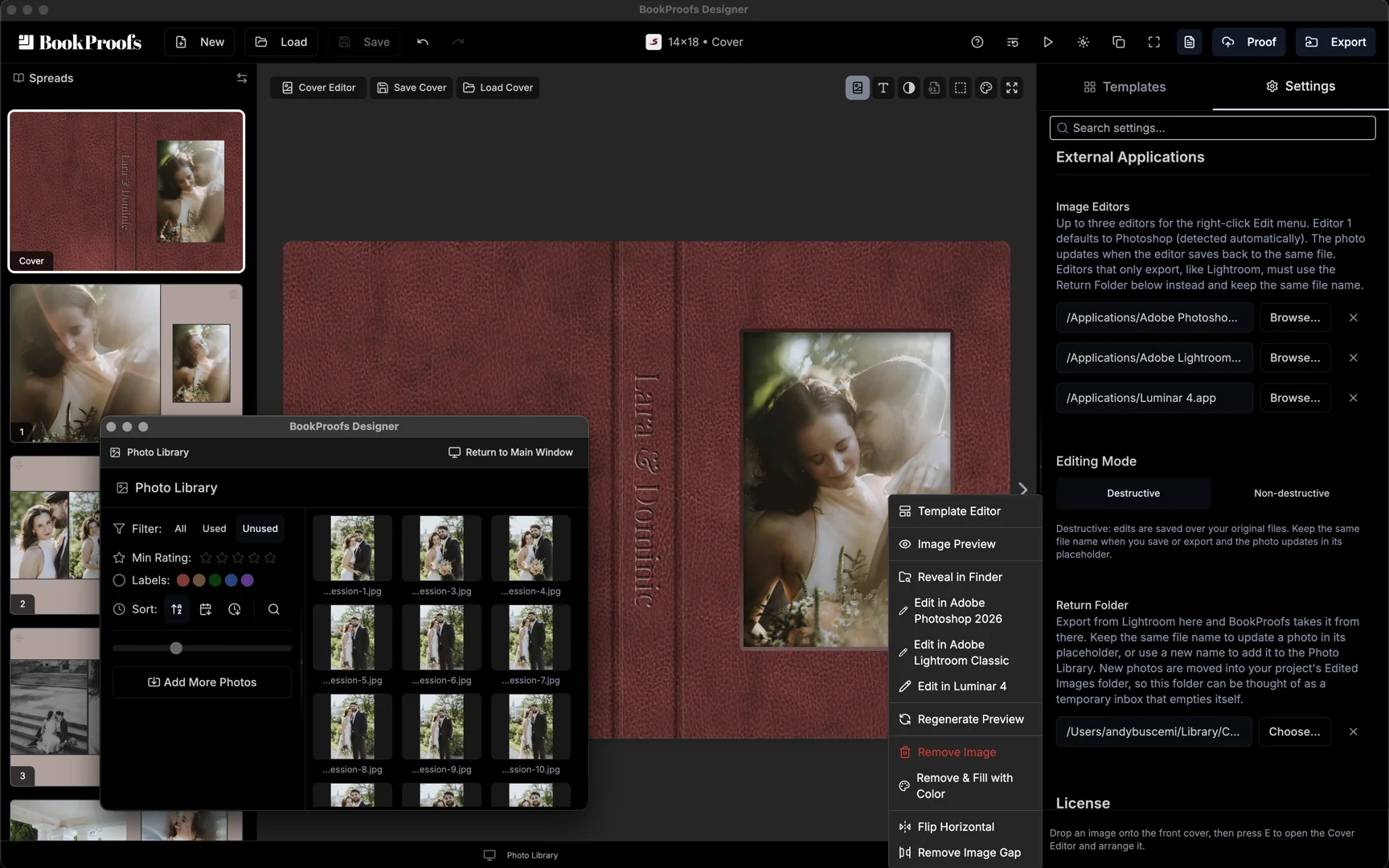 Right-click menu with Edit in Adobe Photoshop and Edit in Adobe Lightroom Classic, next to the Photo Library in its own window