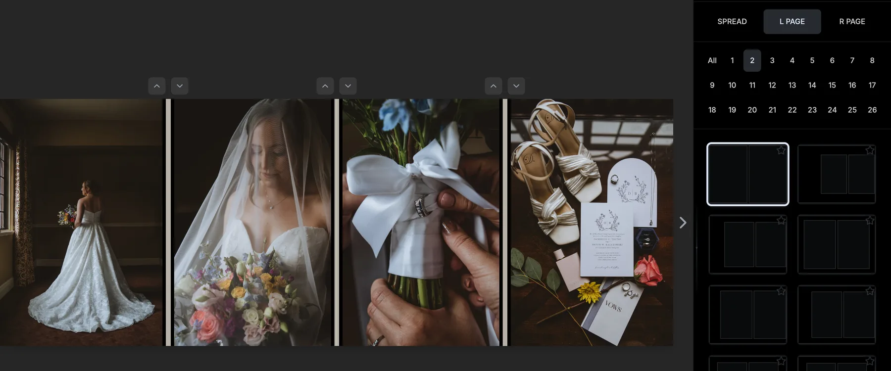 A four-photo spread with the Templates panel switched to the L PAGE tab, listing two-photo page layouts with the current one selected