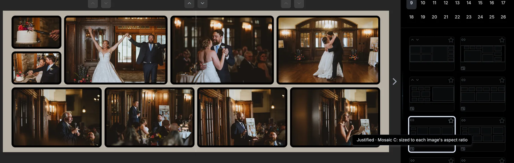 A nine-photo reception spread on the justified Mosaic C layout, every photo uncropped in two even rows that fill the spread, with the Templates panel badge tooltip "Justified · Mosaic C: sized to each image's aspect ratio"