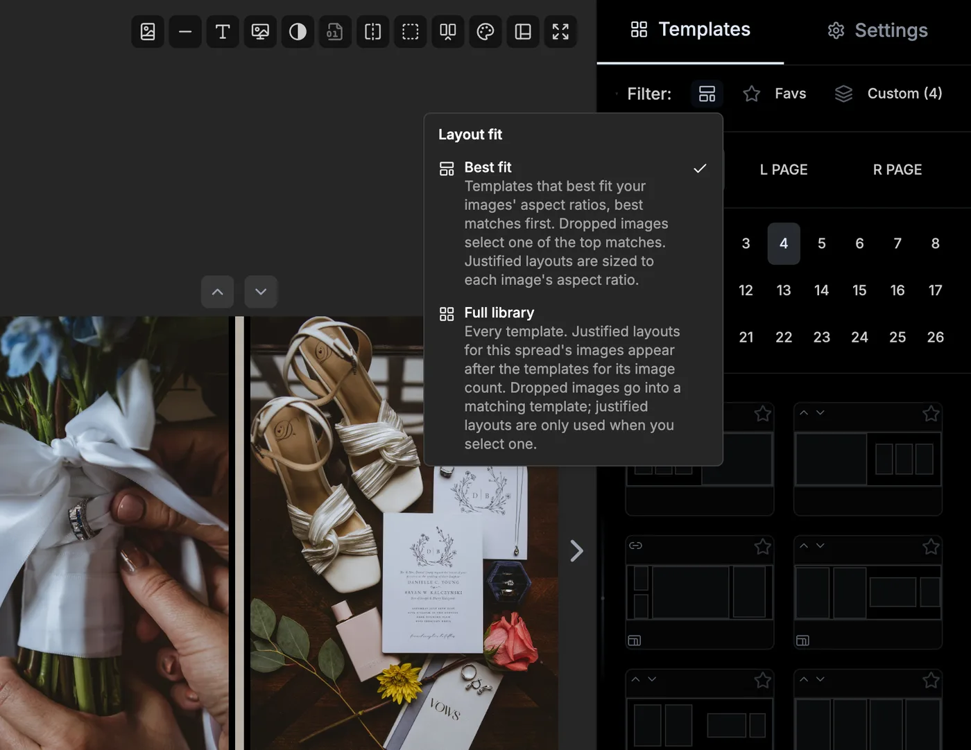 The Layout fit menu open at the top of the Templates panel, with Best fit checked above Full library and a description of each