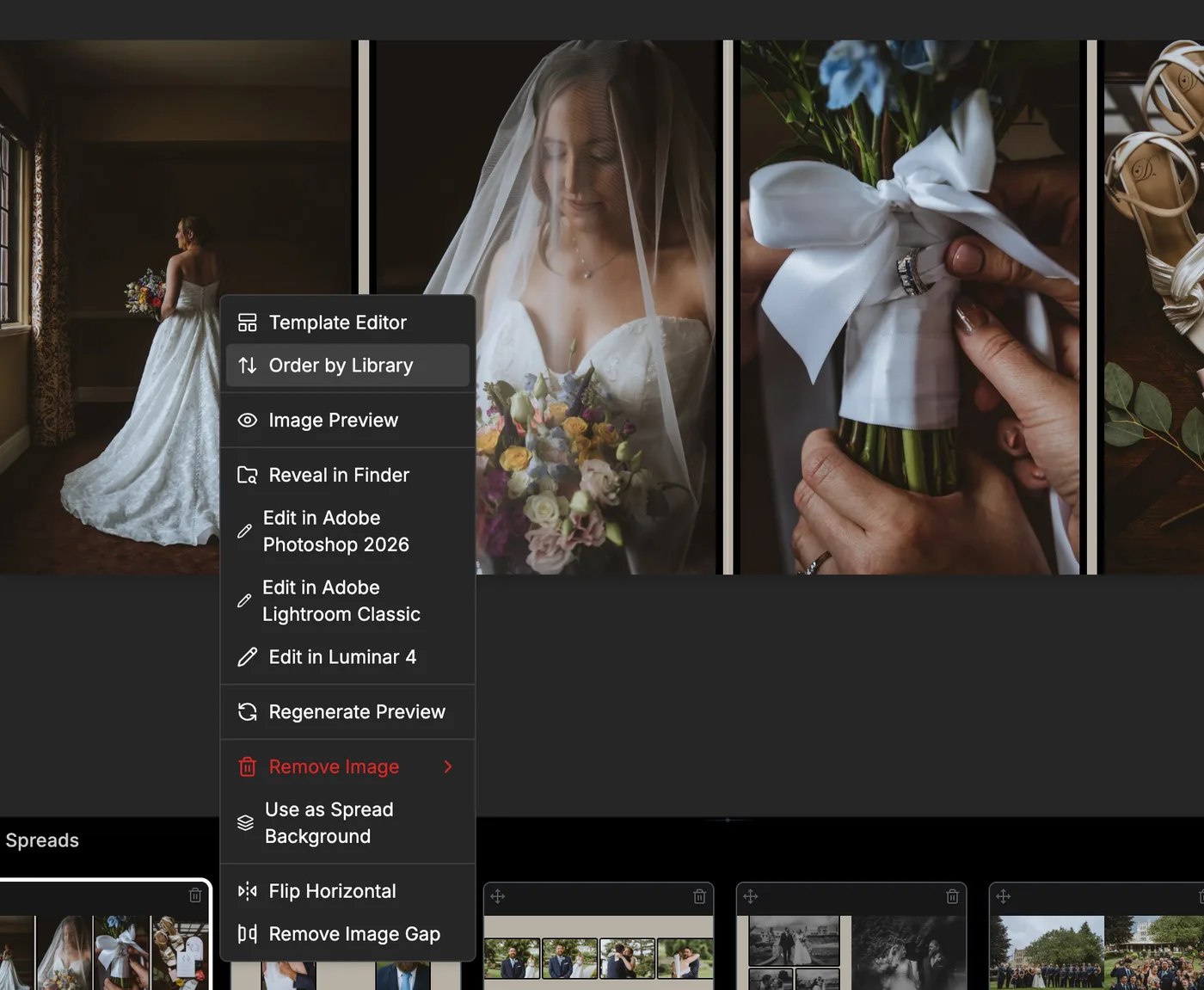 The canvas right-click menu on a four-photo spread, with Order by Library highlighted under Template Editor