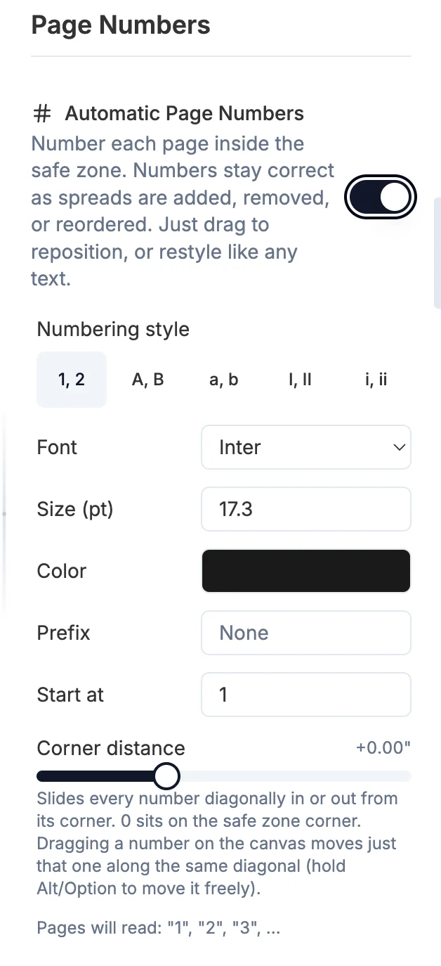 The Page Numbers section of Settings: the Automatic Page Numbers toggle, numbering style, font, size, color, prefix, start at, and the corner distance slider