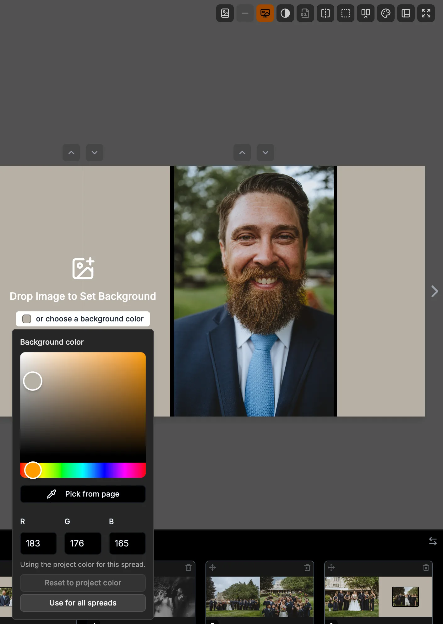 Background editing mode, with the background button highlighted in the toolbar, "Drop Image to Set Background", and the Background color picker opened from "or choose a background color"