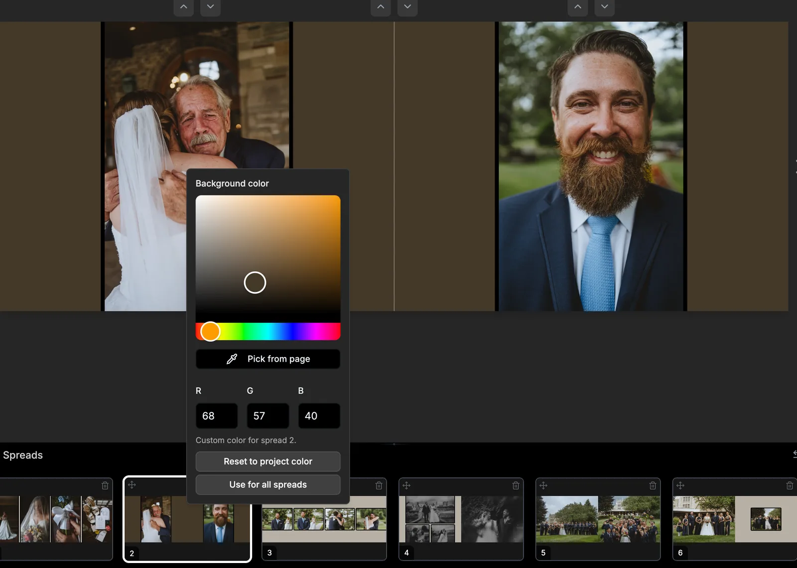 The Background color picker opened from spread 2 in the spread timeline, set to a dark brown, with "Custom color for spread 2", Reset to project color and Use for all spreads