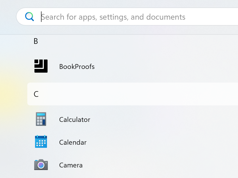 BookProofs in Windows Start menu